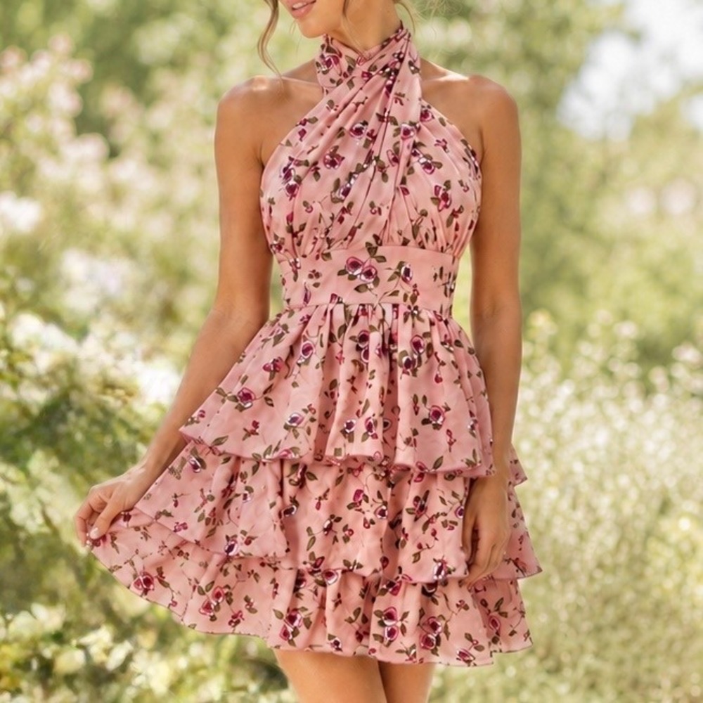 Halter Mini Dress Balletcore Pink Floral Tiered Ruffle Coquette UK 10 US Size 6